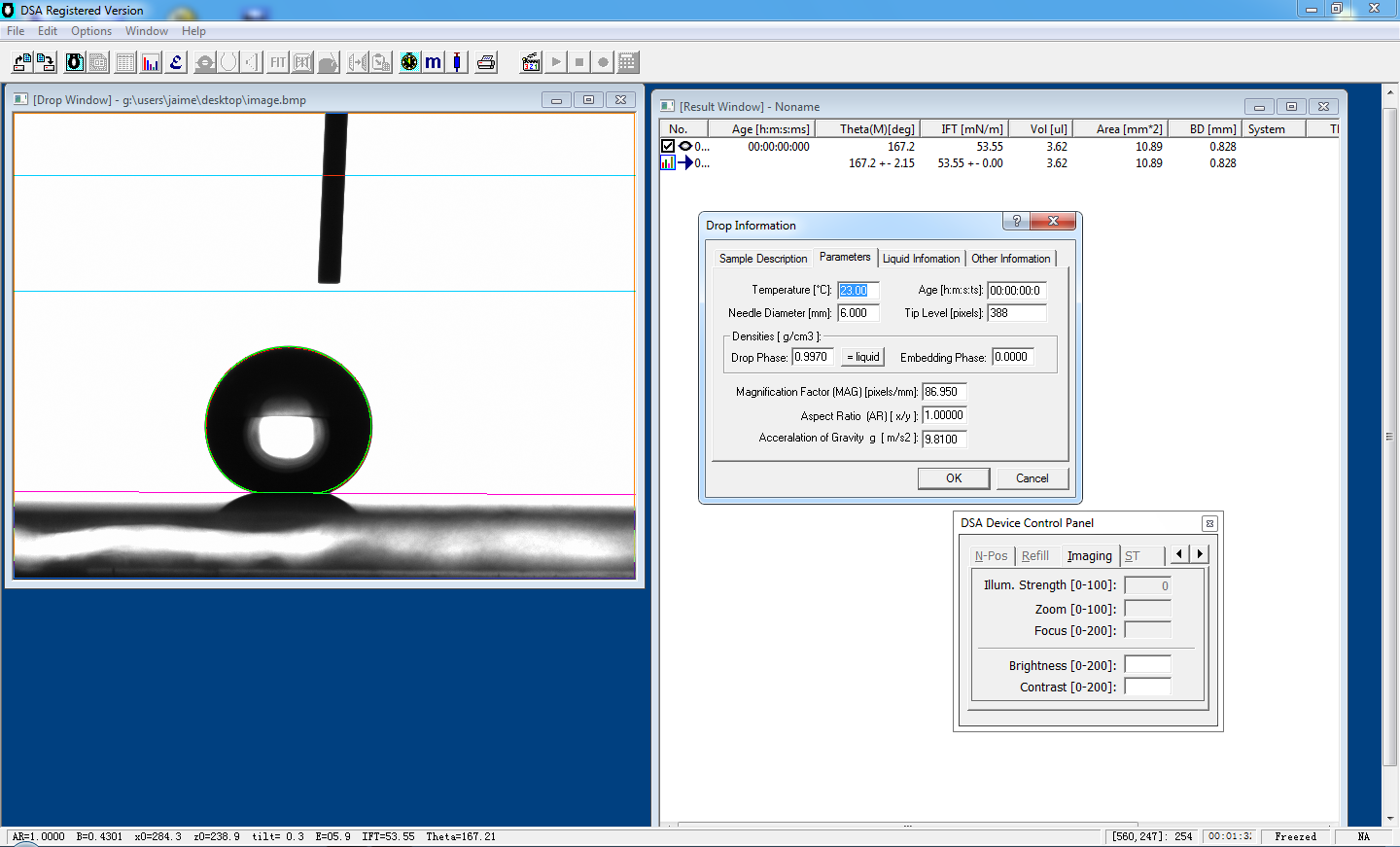 measurement of surface tension and contact angle by drop shape analysis software 
